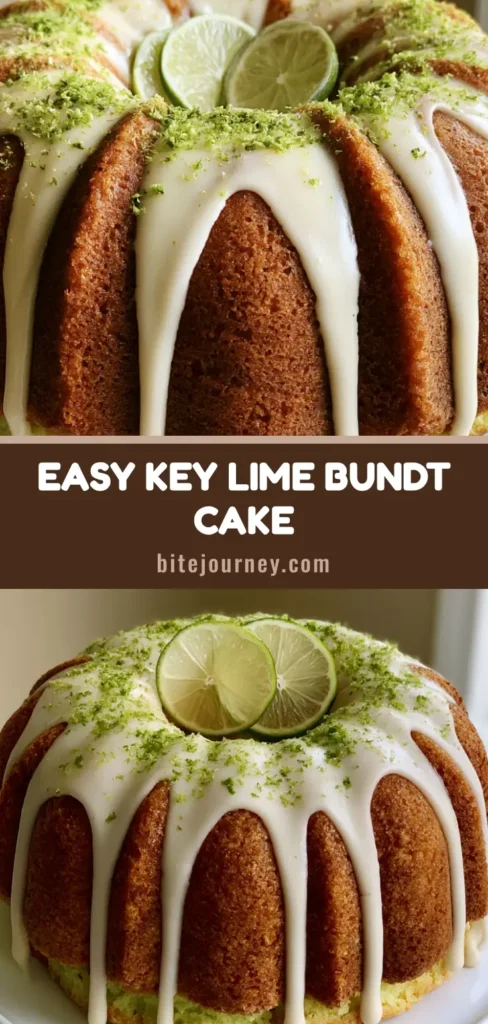 A tall fluted Key Lime Bundt Cake with a thick white sugar glaze and fresh lime slices on a white stand. (Key Lime Bundt Cake)