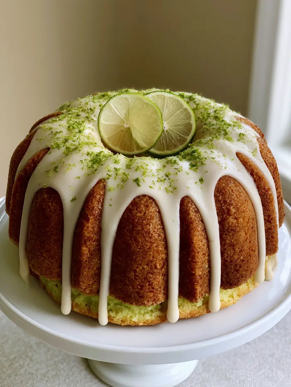 Close-up of the golden-brown exterior and thick white glaze of a Key Lime Bundt Cake.