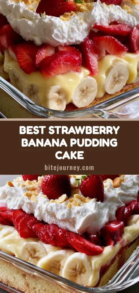 A handheld smartphone photo of a layered Strawberry Shortcake Banana Pudding Cake in a clear glass dish, featuring vanilla sponge, pale yellow pudding, and sliced strawberries topped with whipped cream and whole berries.