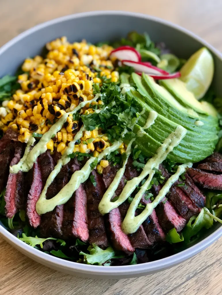 Close up of the thick cilantro lime cream zigzag drizzle on a Steak and Avocado Bowl.