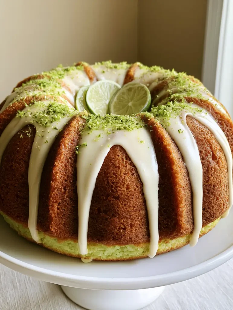 A Key Lime Bundt Cake showing the vibrant light-green interior crumb at the base.