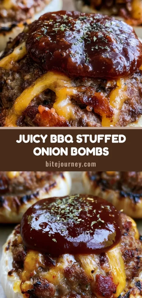A close-up vertical shot of grilled Cheeseburger Stuffed Onion Bombs covered in bubbling mahogany BBQ sauce and a light dusting of dried herbs, showcasing an ultimate rustic backyard BBQ recipe shared by Bite_Journey.