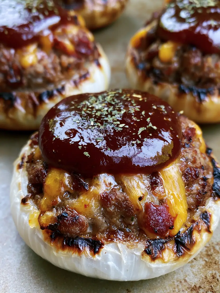 A close-up high-angle shot of grilled Cheeseburger Stuffed Onion Bombs on a neutral rustic surface, showing translucent white onion shells filled with textured browned ground beef, melted cheddar cheese, bacon bits, and a glossy BBQ glaze.