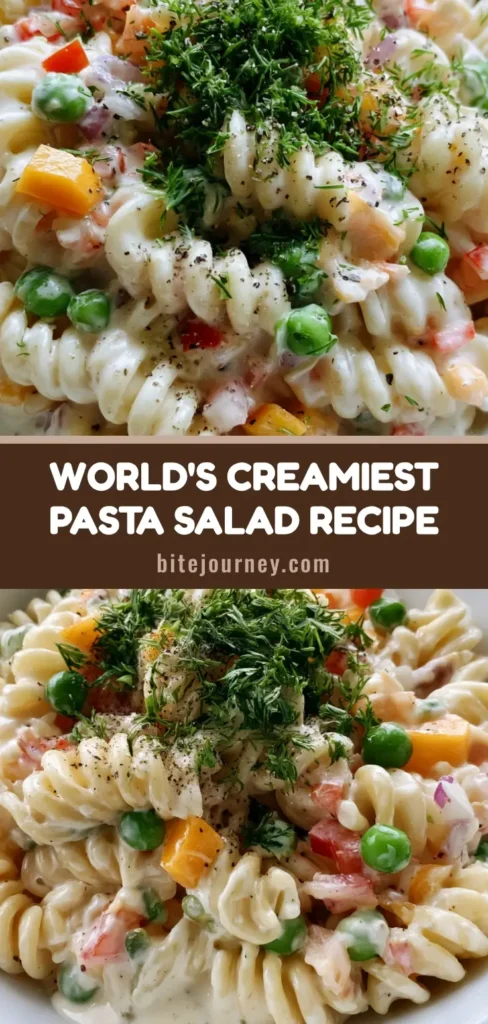 A close-up shot of a Creamy Sour Cream Pasta Salad in a white ceramic bowl, highlighted by bright green peas, diced red peppers, orange cheddar cubes, fresh dill, and cracked black pepper.