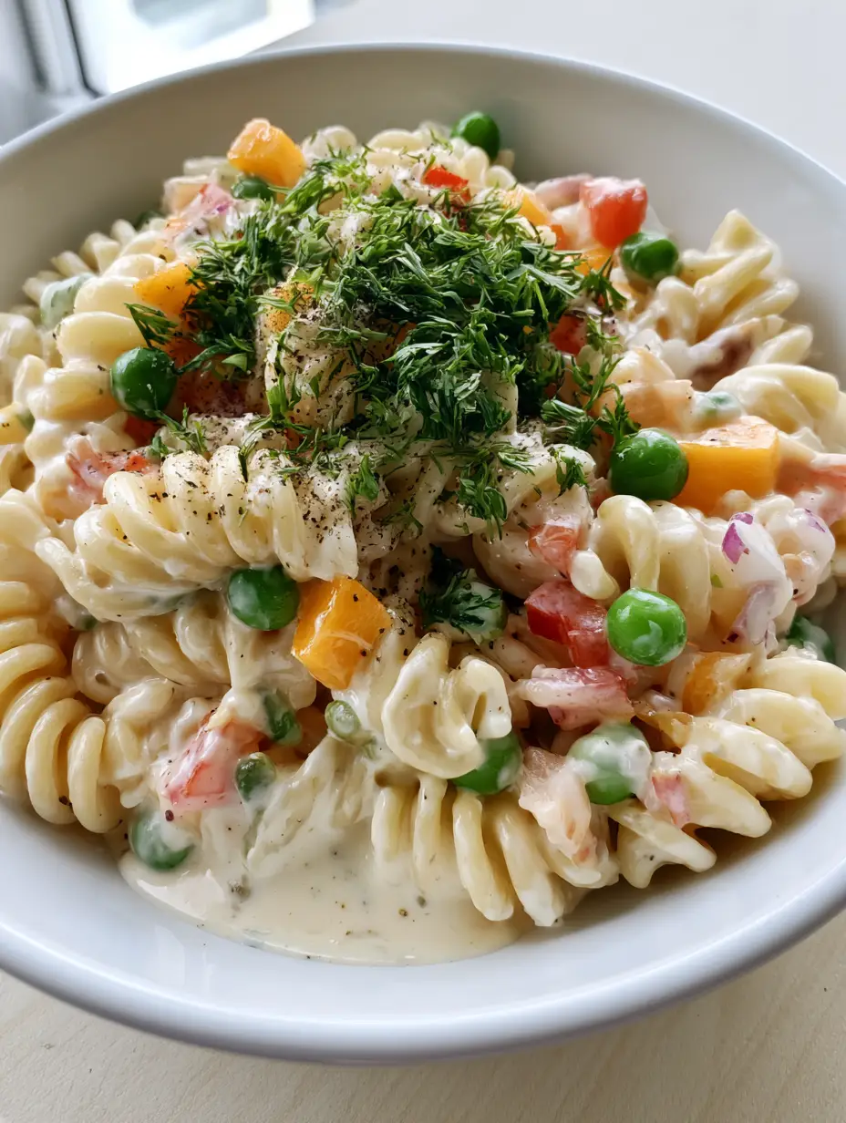A handheld smartphone photo showcasing a white bowl filled with a rich, uniform Creamy Sour Cream Pasta Salad sitting on a neutral wooden table background under natural daylight.