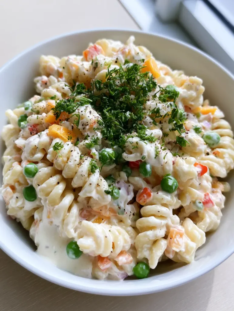 An unedited, realistic top-down perspective view of a thick, velvety white dressing perfectly pooling at the bottom of a Creamy Sour Cream Pasta Salad.