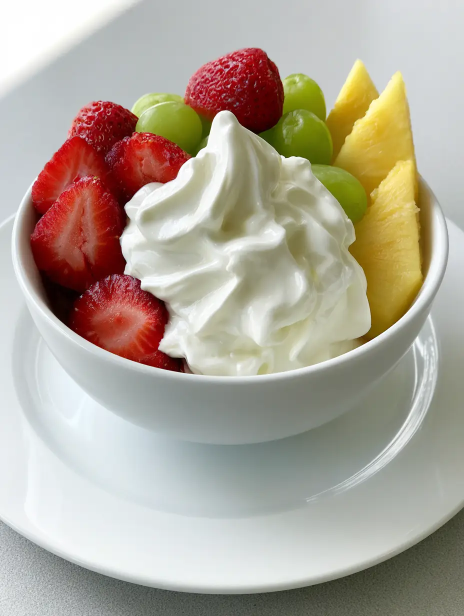 Close up shot of Marshmallow Cream Cheese Fruit Dip showing aerated texture and soft peaks in a white bowl.