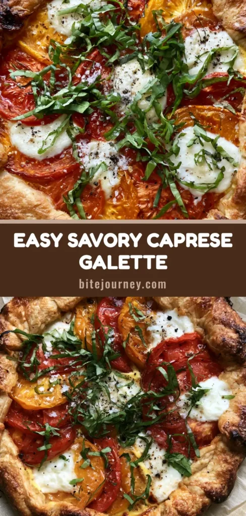 A rustic Caprese Galette with golden-brown flaky crust, roasted heirloom tomatoes, and melted mozzarella on grey stone. (Caprese Galette)