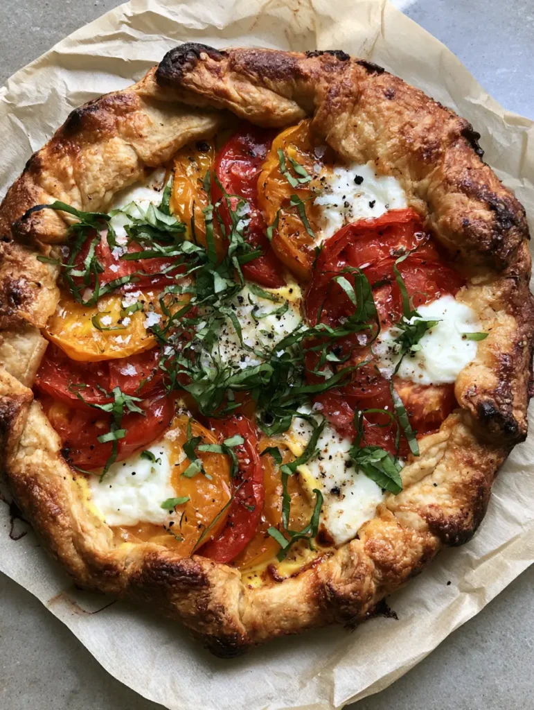 Close up of roasted red and yellow heirloom tomatoes on a Caprese Galette. (Caprese Galette)