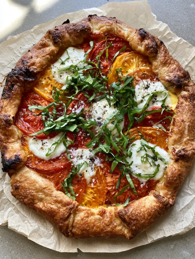 Whole Caprese Galette on crumpled parchment paper over a stone surface.