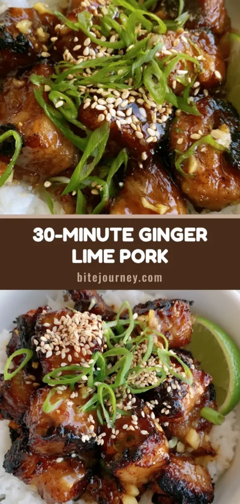 A close-up of Ginger Lime Pork medallions with a thick amber glaze over white coconut rice in a ceramic bowl.