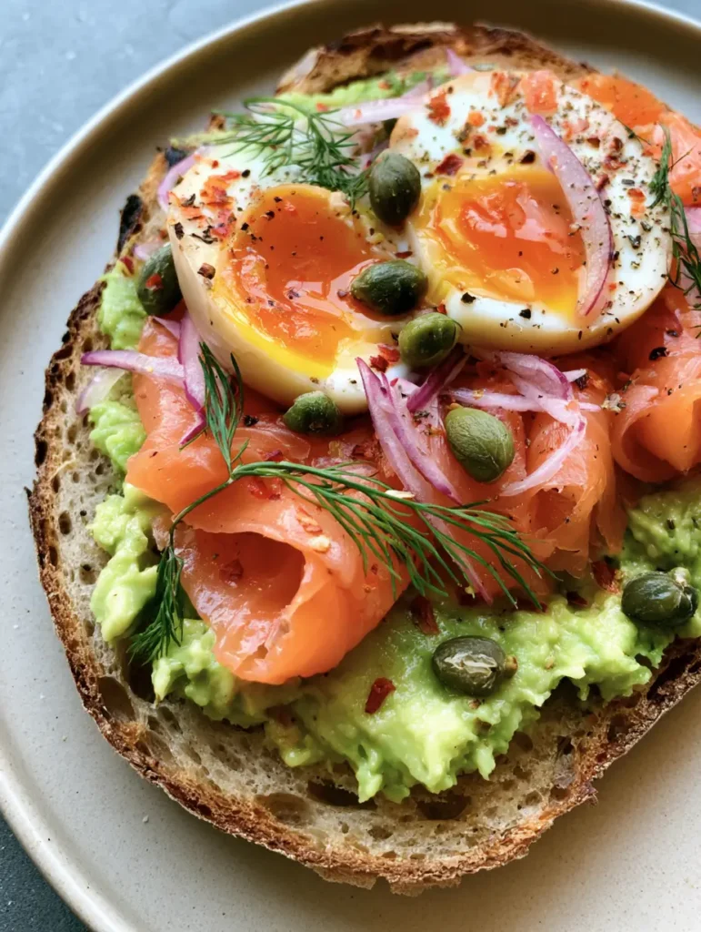 Thick-cut sourdough toast topped with chunky avocado and ribbons of pink smoked salmon. (Smoked Salmon Avocado Toast)