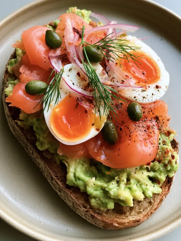 Smoked Salmon Avocado Toast with Jammy Eggs and Capers 1 Smoked Salmon Avocado Toast featuring a jammy soft-boiled egg with an orange yolk and green capers.