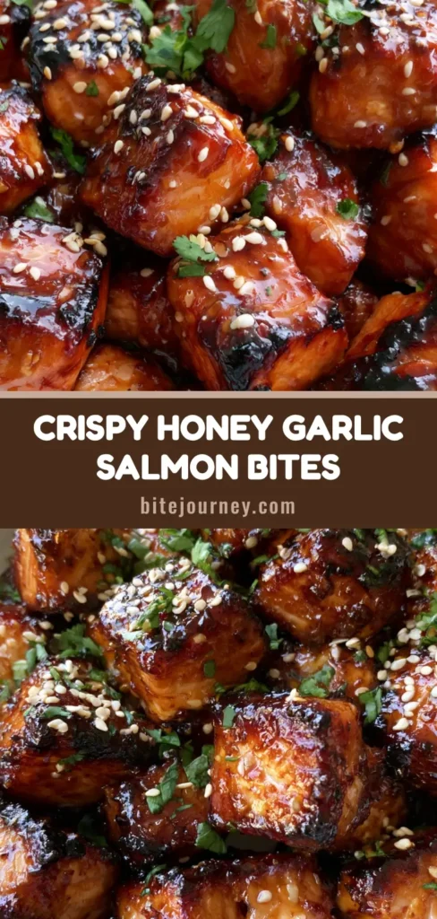 A shallow white bowl filled with crispy Honey Garlic Salmon Bites, featuring a dark caramelized glaze, toasted sesame seeds, and fresh cilantro garnish.
