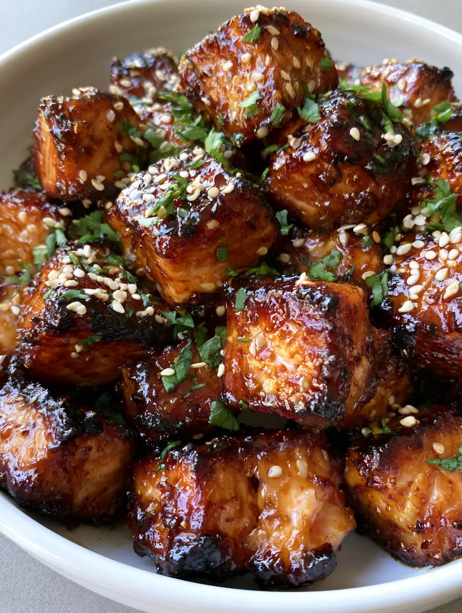 Close-up of seared Honey Garlic Salmon Bites showing the moist, flaky interior and charred crispy edges.