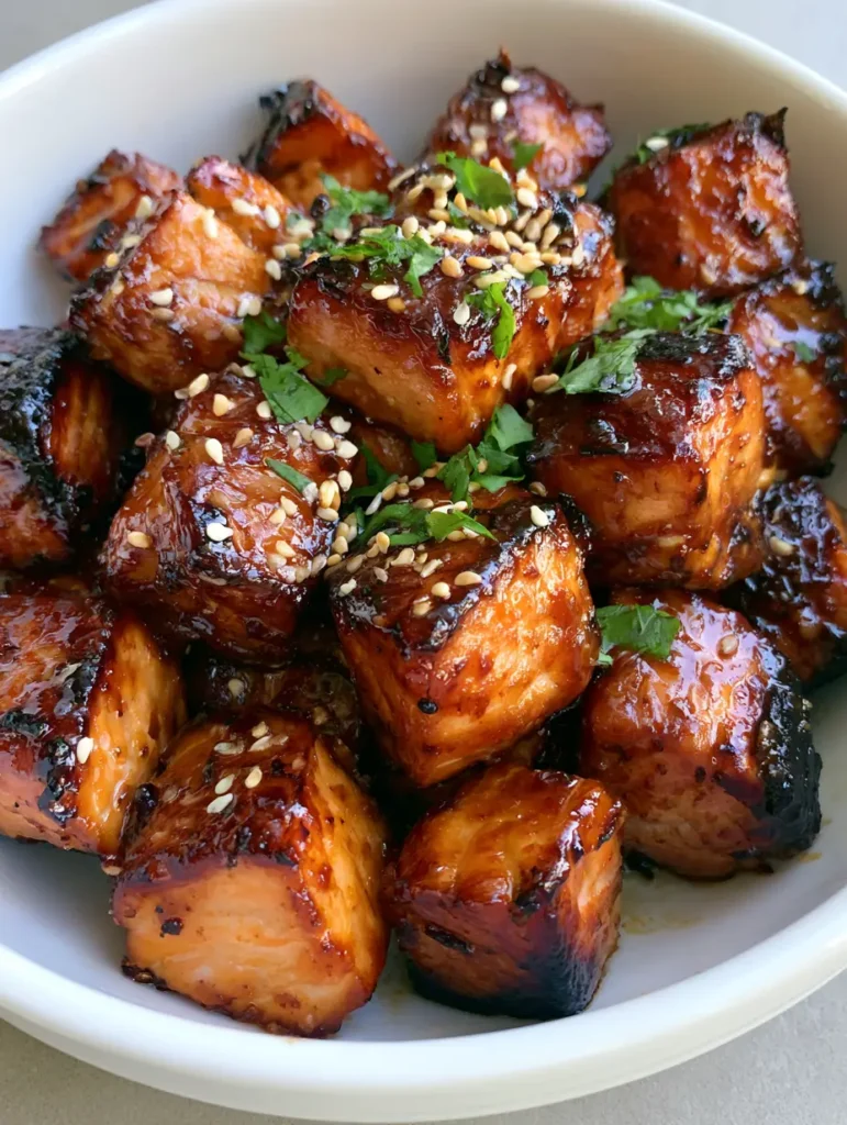 Honey Garlic Salmon Bites in a white bowl with a thick, glossy amber glaze and fresh green cilantro.