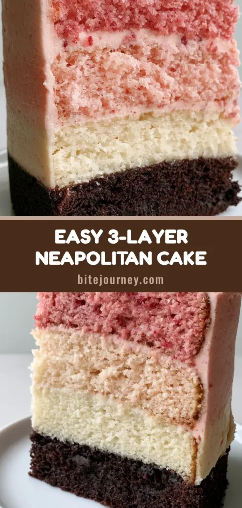 A tall vertical slice of Neapolitan Cake showing distinct chocolate, vanilla, and strawberry layers on a white porcelain plate. (Neapolitan Cake Recipe)