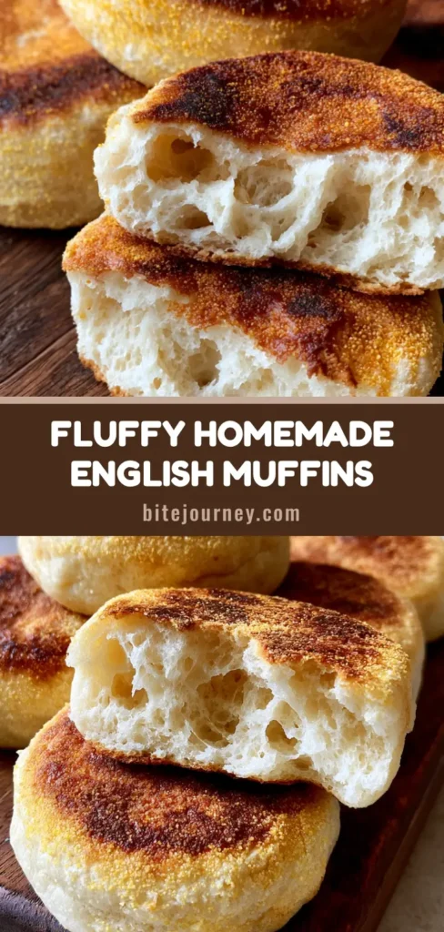 A stack of Homemade English Muffins with a golden brown griddled crust and yellow cornmeal dusting on a rustic wooden board.