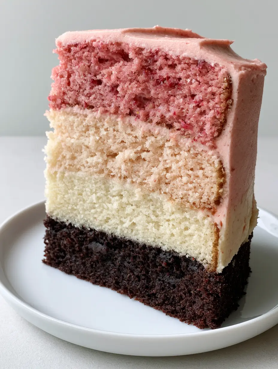Close up of the moist cake crumb in the dark cocoa and strawberry pink layers. (Neapolitan Cake Recipe)
