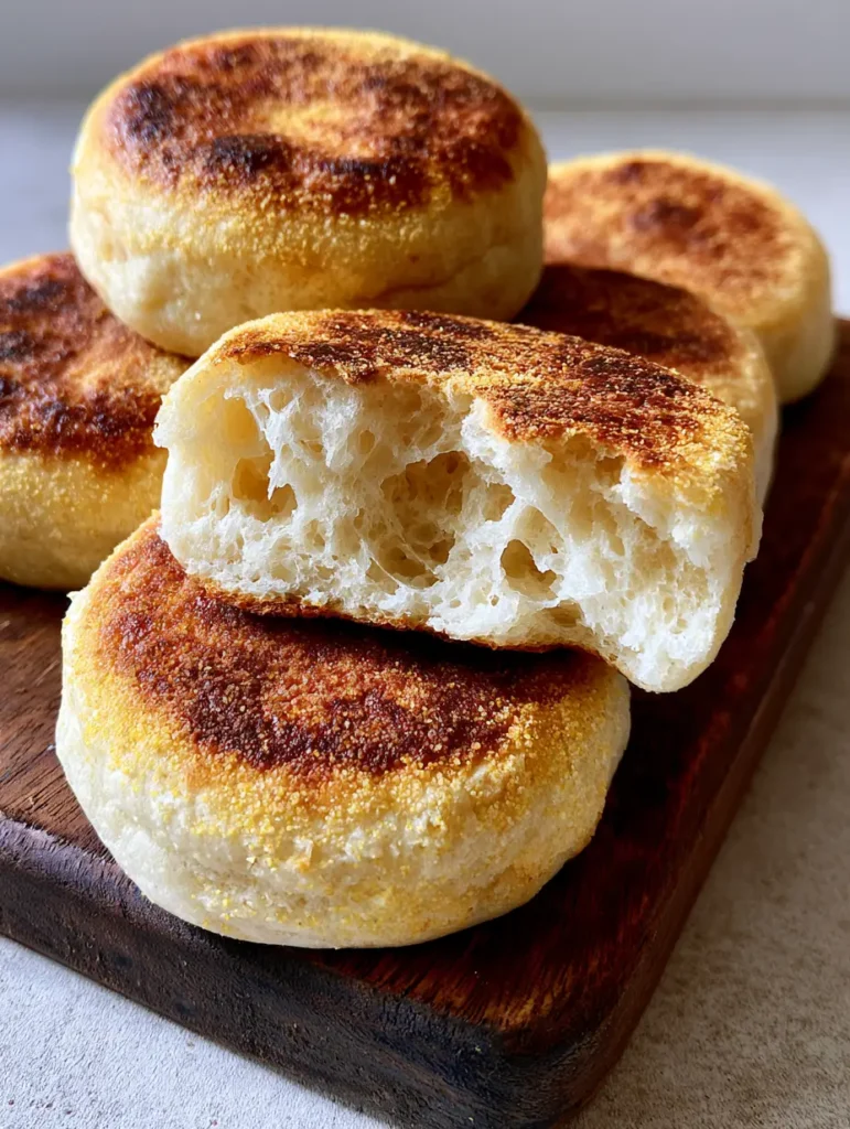 Close up of Homemade English Muffins showing the airy porous bread interior and toasted exterior.