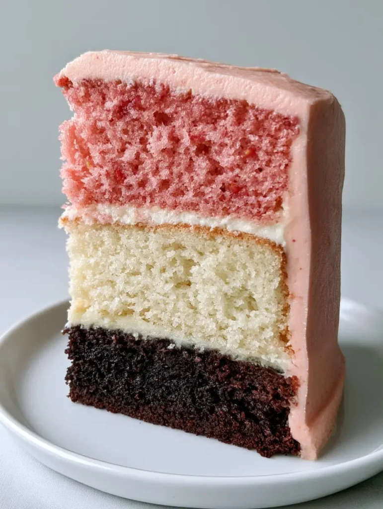 Matte strawberry buttercream frosting smoothed over a tall Neapolitan Cake.