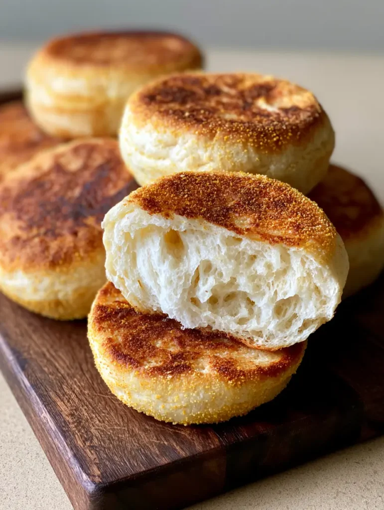 Freshly baked Homemade English Muffins dusted in cornmeal on a neutral kitchen surface.