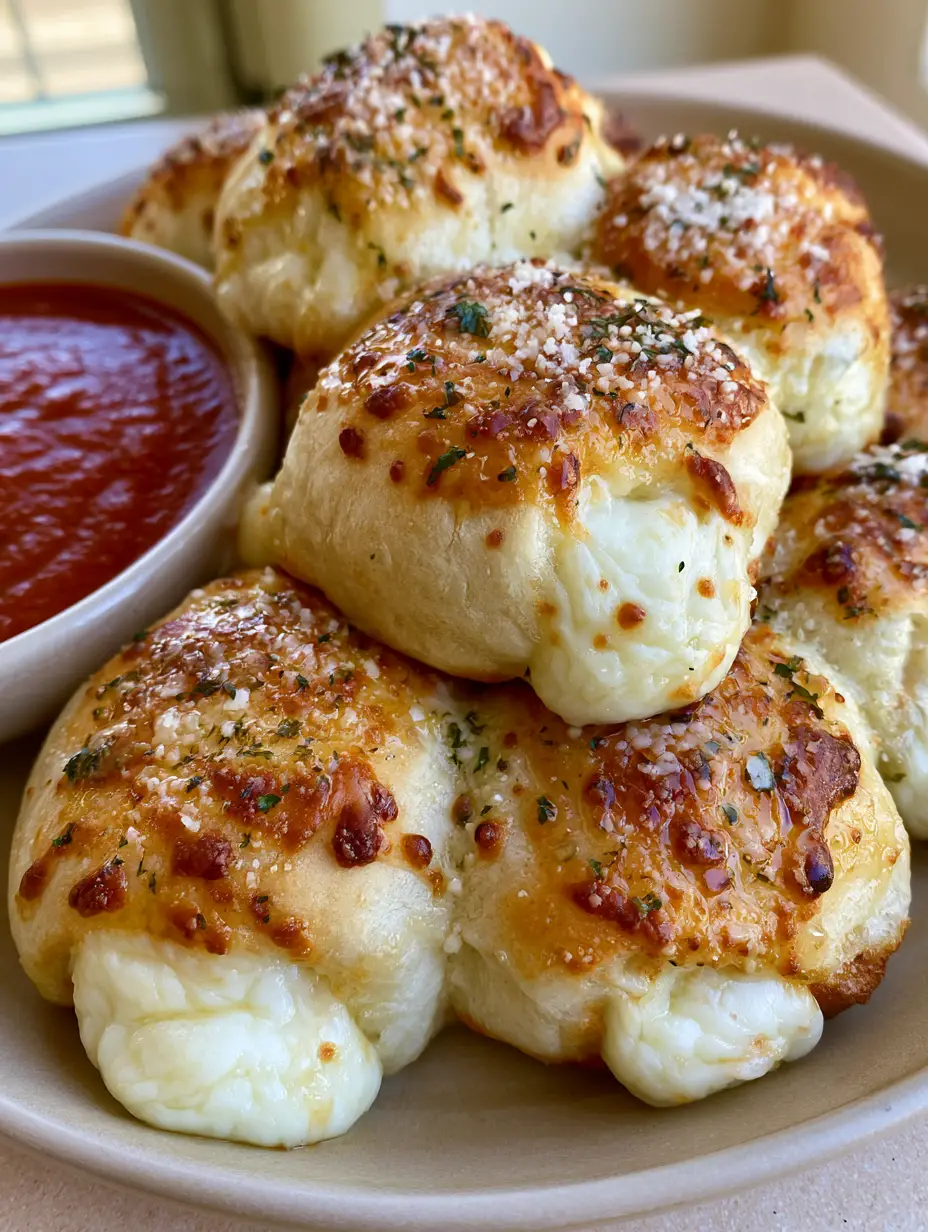 Close up of soft, airy New York Pizza Rolls overflowing with melted white mozzarella cheese.