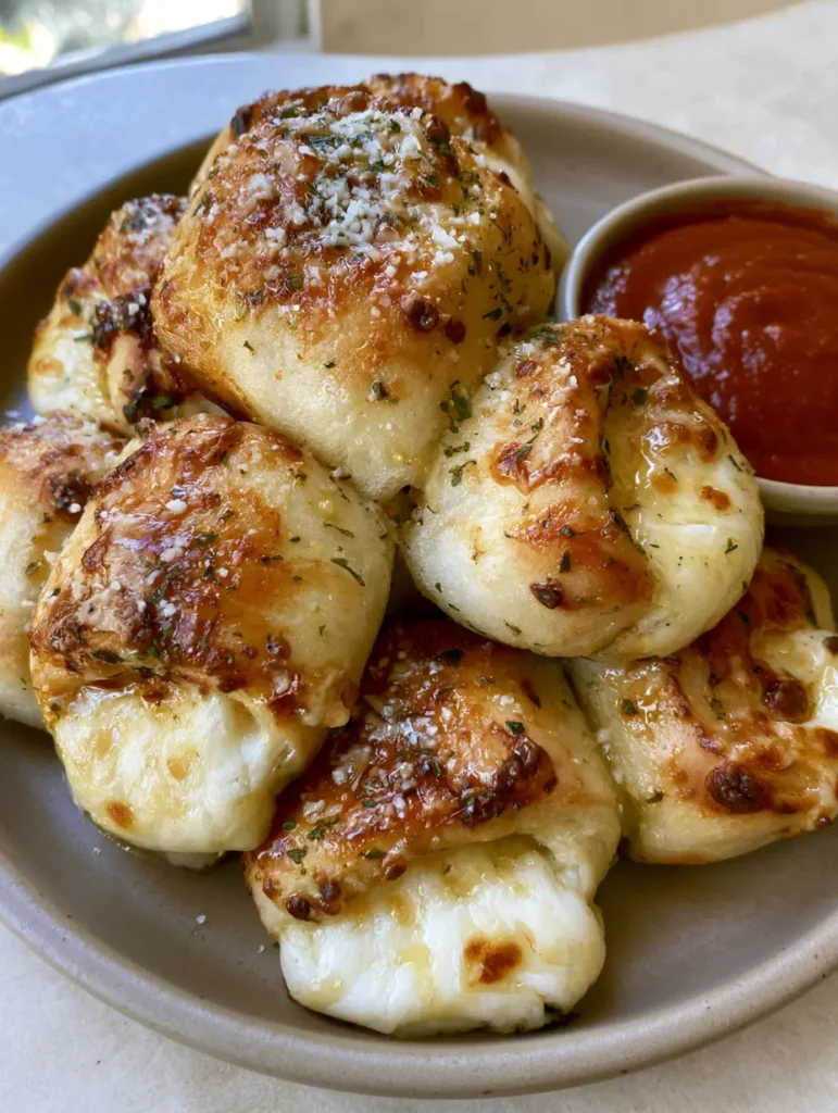 A cluster of New York Pizza Rolls glistening with liquid garlic butter and topped with fine grains of parmesan.