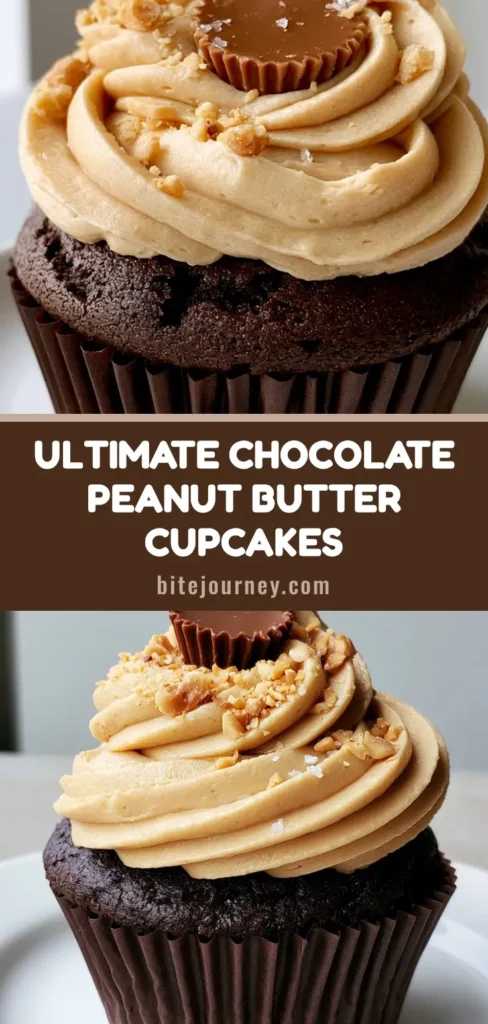 Chocolate Peanut Butter Cupcakes with Silky Whipped Frosting 3 A close-up of a moist dark chocolate cupcake in a dark brown pleated liner with a high swirl of peanut butter frosting, a mini peanut butter cup, and sea salt. (Chocolate Peanut Butter Cupcakes)