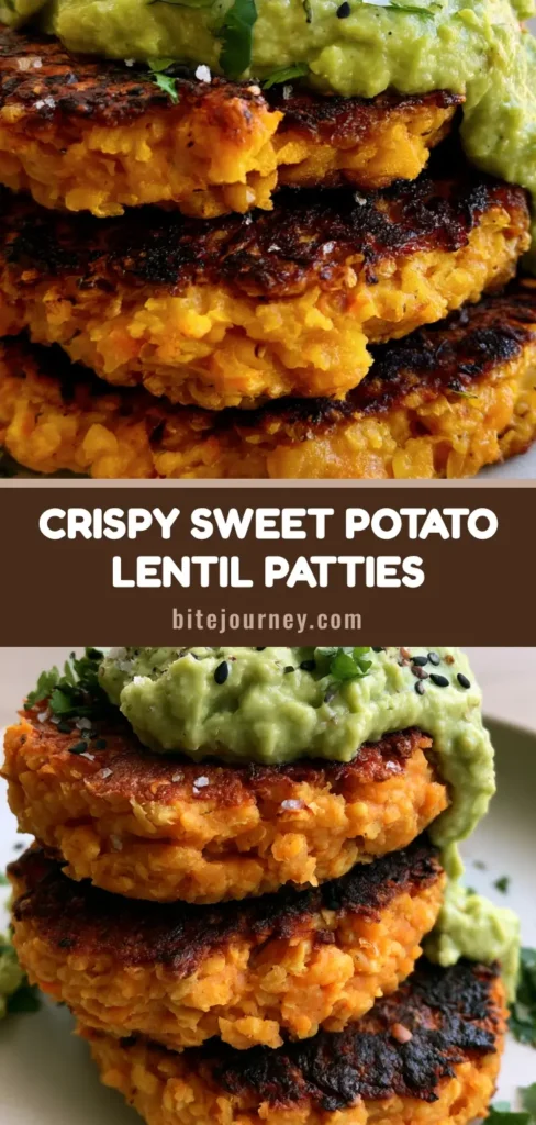 A close-up handheld photo of three thick Sweet Potato and Red Lentil Patties stacked on a ceramic plate, topped with a thick avocado cilantro sauce and black sesame seeds.