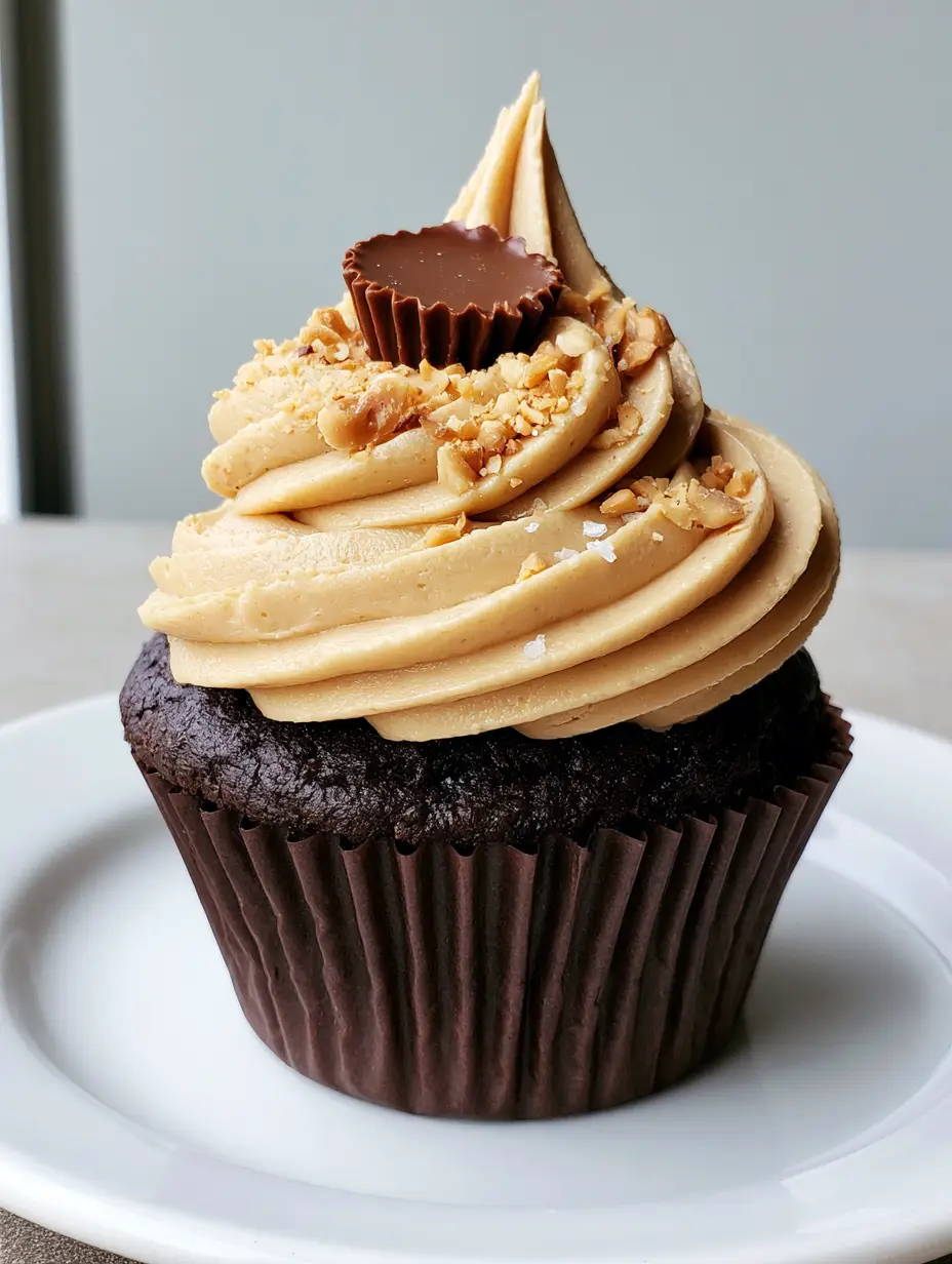 Chocolate Peanut Butter Cupcakes with Silky Whipped Frosting 4 A single chocolate cupcake with a visible moist crumb in a dark brown pleated paper liner topped with a pale tan buttercream swirl. (Chocolate Peanut Butter Cupcakes)
