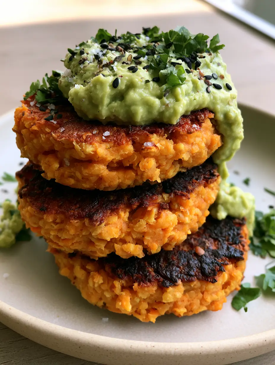 A smartphone photo showcasing three thick, golden-brown seared Sweet Potato and Red Lentil Patties with visible mashed orange sweet potato pieces and charred edges.