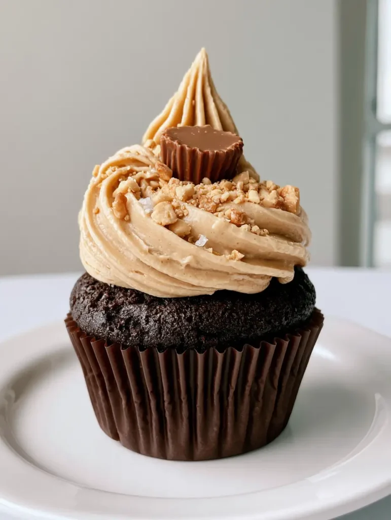 Chocolate Peanut Butter Cupcakes with Silky Whipped Frosting 1 Detailed view of a peanut butter buttercream swirl on a chocolate cupcake garnished with crushed peanuts and sea salt.