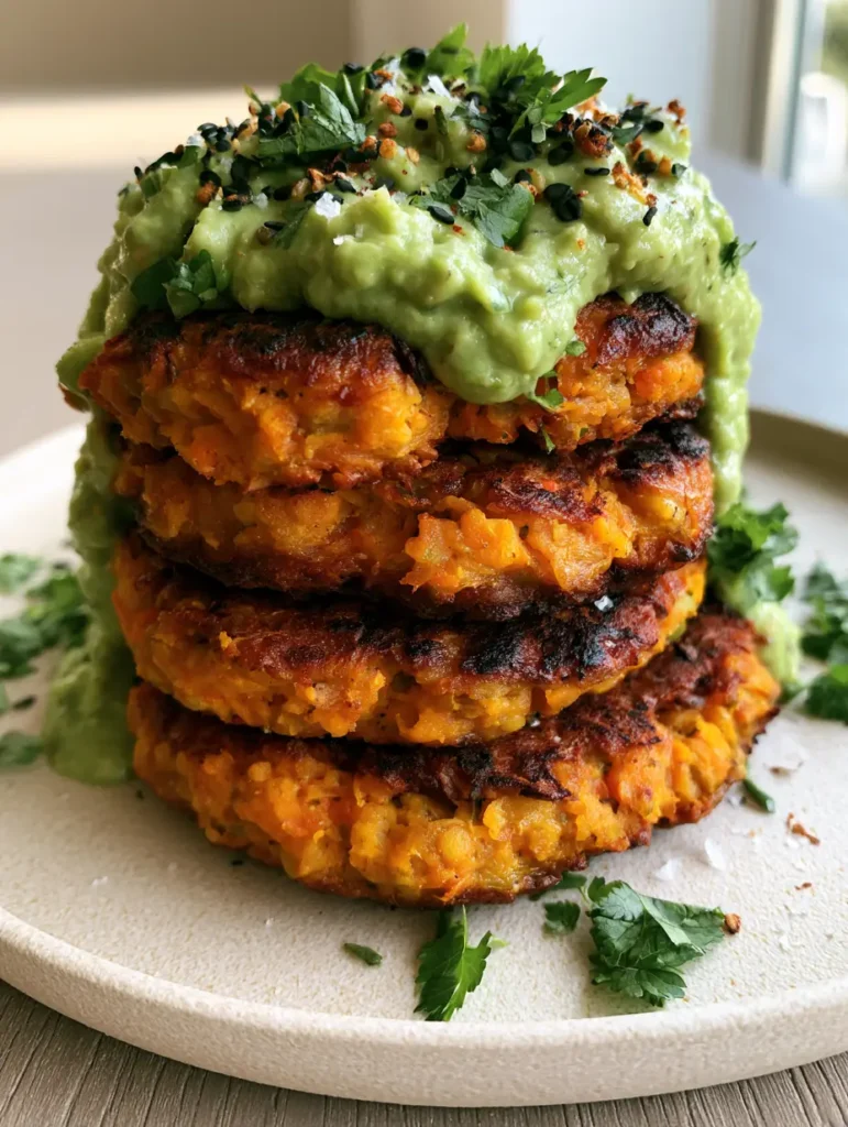 A beautiful stack of Sweet Potato and Red Lentil Patties garnished generously with thick green sauce, fresh cilantro, and a sprinkle of toasted black sesame seeds.
