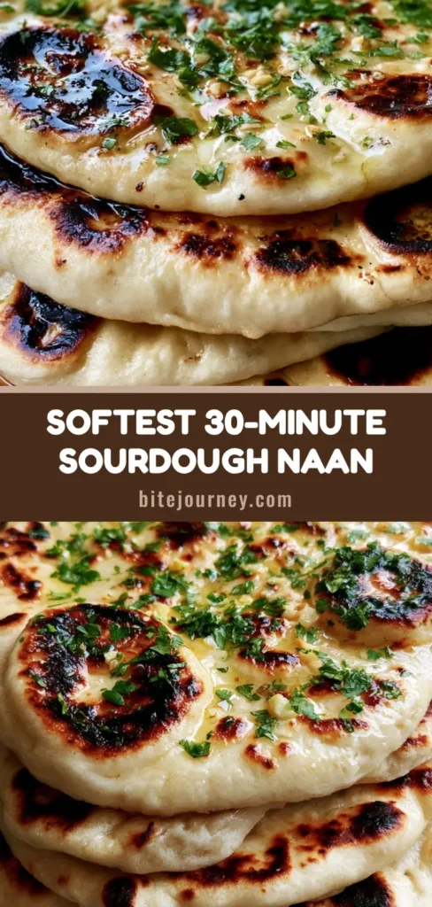 A tall stack of four warm Sourdough Discard Naan flatbreads with dark charred blisters, glistening with garlic butter and fresh cilantro.