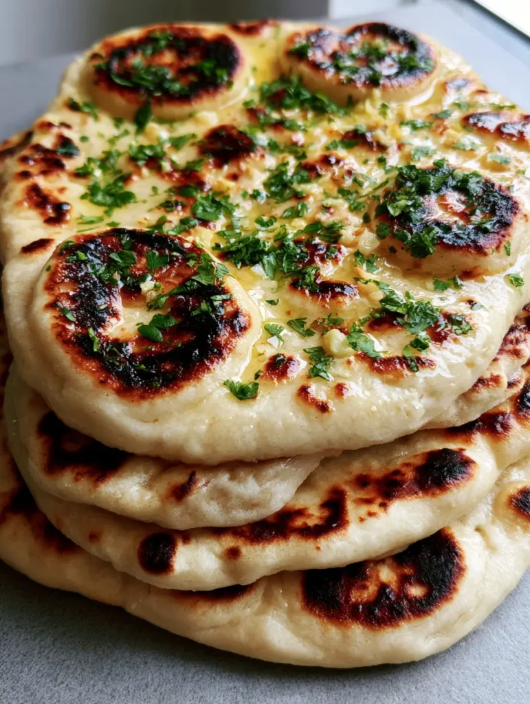 A handheld photo of Sourdough Discard Naan glistening with melted salted butter and minced garlic.