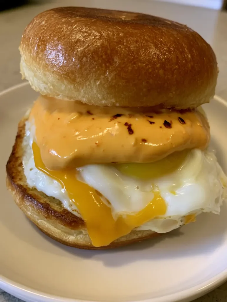Close up of a Chipotle Egg Breakfast Sandwich showing the creamy orange mayo and golden brioche bun.