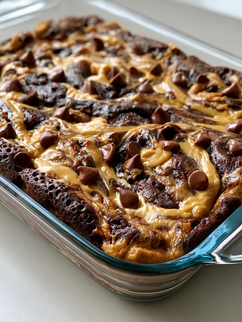 Chocolate Peanut Butter Dump Cake: The Ultimate Gooey Dessert 3 Handheld smartphone photo of a freshly baked chocolate peanut butter dump cake served in a clear glass rectangular baking dish showing aerated set edges and a gooey center.