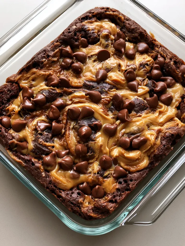 Chocolate Peanut Butter Dump Cake: The Ultimate Gooey Dessert 1 A minimalist overhead shot of chocolate peanut butter dump cake on a plain neutral kitchen counter in soft natural daylight.
