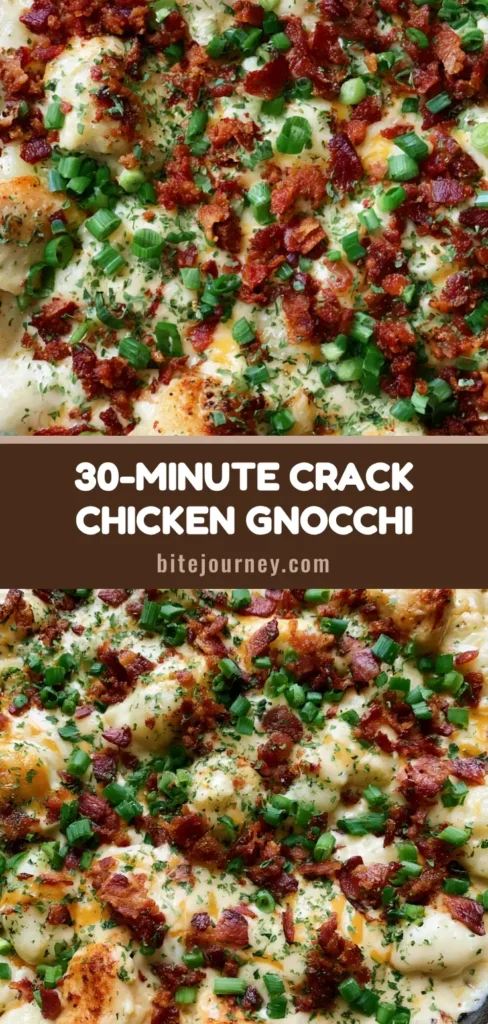 Crack Chicken Gnocchi: The Ultimate One-Pan Creamy Skillet Dinner 4 A rustic cast iron skillet filled with creamy Crack Chicken Gnocchi topped with melted cheddar, bacon, and scallions on a grey countertop.