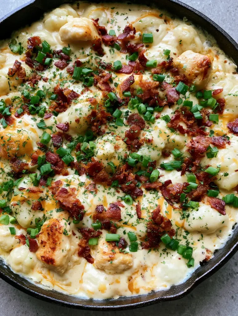 Crack Chicken Gnocchi: The Ultimate One-Pan Creamy Skillet Dinner 2 Close-up of golden seared chicken and soft gnocchi submerged in a thick ivory ranch sauce with melted cheddar streaks. (Crack Chicken Gnocchi)