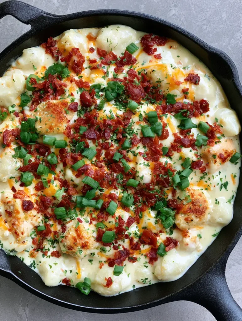 Crack Chicken Gnocchi: The Ultimate One-Pan Creamy Skillet Dinner 1 Overhead view of Crack Chicken Gnocchi in a black skillet with heavy toppings of crispy bacon and fresh green scallions.