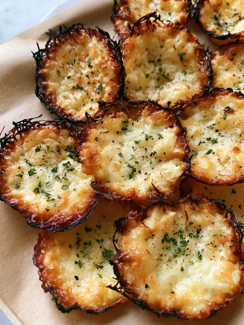 Top-down view of circular Cottage Cheese Chips showing bubbly texture and golden edges.