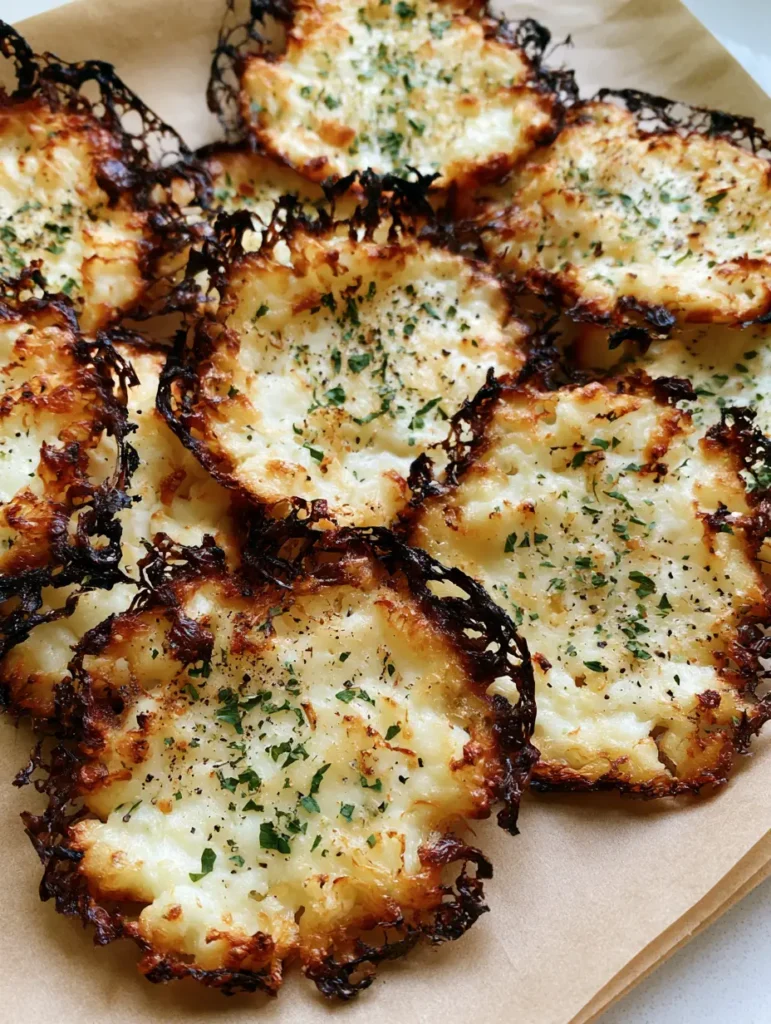 Golden-brown Cottage Cheese Chips garnished with herbs on a neutral background.