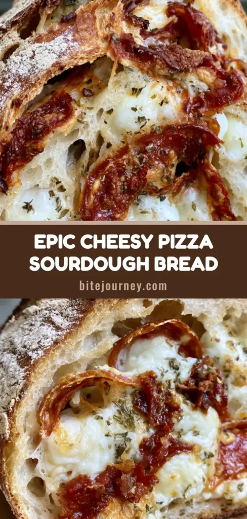 A handheld photo of a sliced Pizza Sourdough Bread loaf showing melted mozzarella bubbles and pepperoni curls in the crumb.