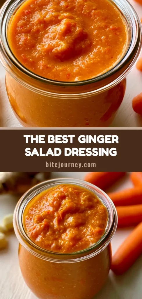 A handheld smartphone photo of vibrant orange Ginger Salad Dressing in a clear glass jar with thick pulpy texture and fresh ingredients.