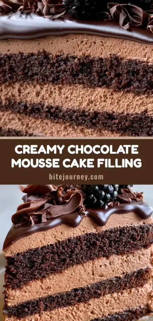 Chocolate Mousse Cake Filling: The Ultimate Stable & Silky Recipe 4 A tall slice of multi-layered chocolate cake featuring airy Chocolate Mousse Cake Filling, glossy ganache, and blackberries on a ceramic plate.