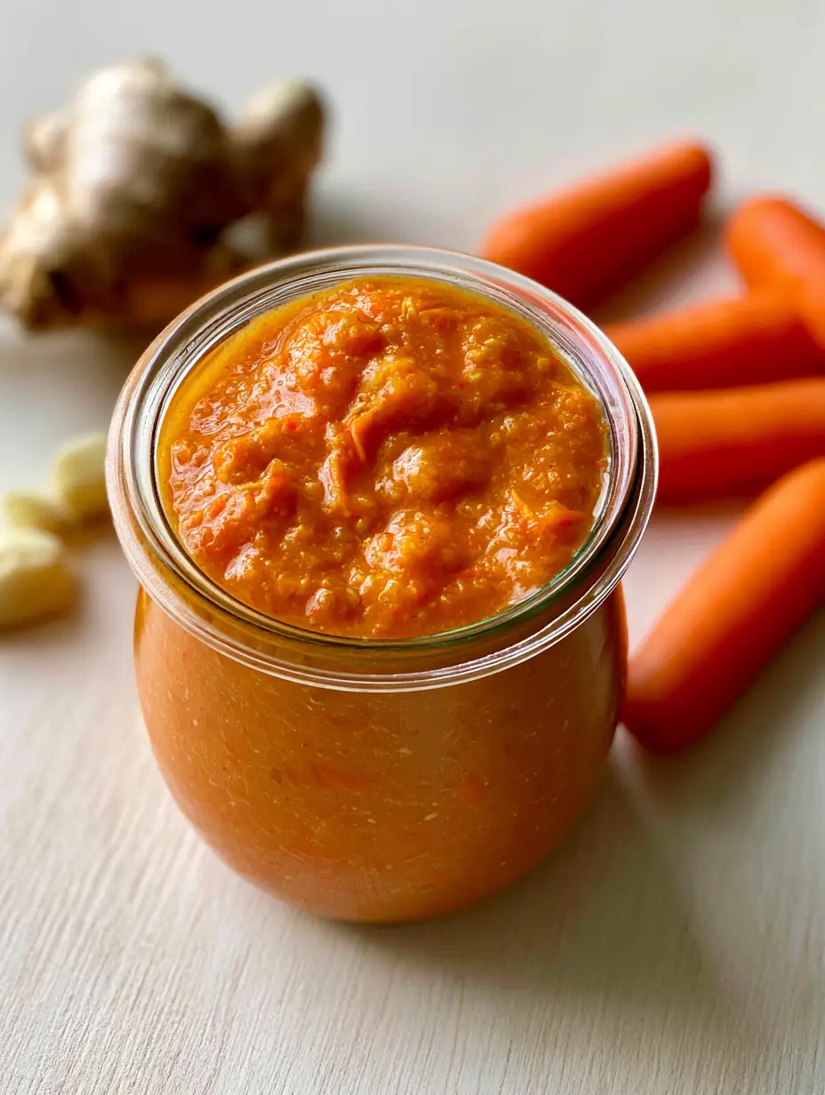 Top-down angled shot of Ginger Salad Dressing showing the fine flecks of carrot and ginger on a wooden surface.