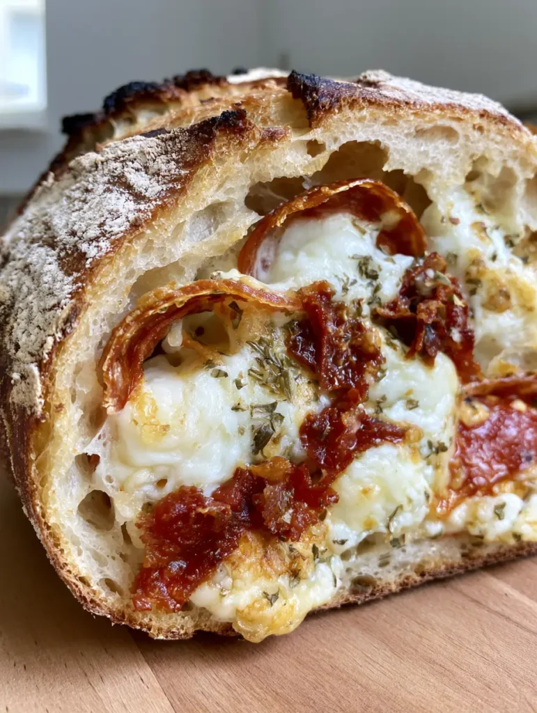 Artisan Pizza Sourdough Bread on a wooden cutting board, featuring charred edges and a flour-dusted crust.