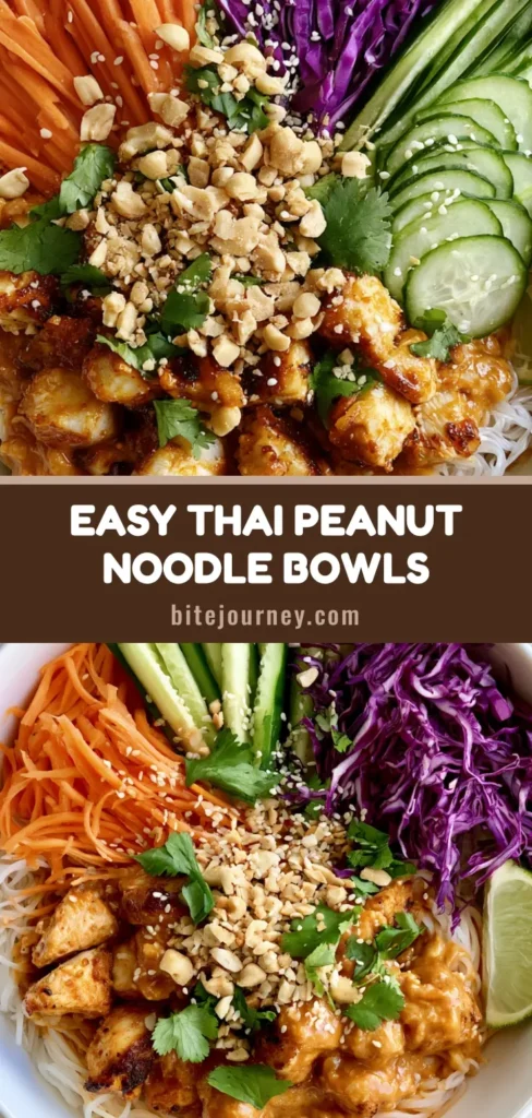 A close-up vertical shot of Thai Peanut Chicken Noodle Bowls featuring creamy sauce, golden chicken, and vibrant purple cabbage, optimized for Pinterest.